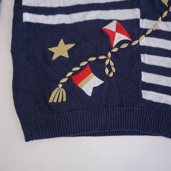 Vintage Alfred Dunner Navy Nautical Flag Stripe Sweater Rope Star Embroidery M - Picture 6 of 9